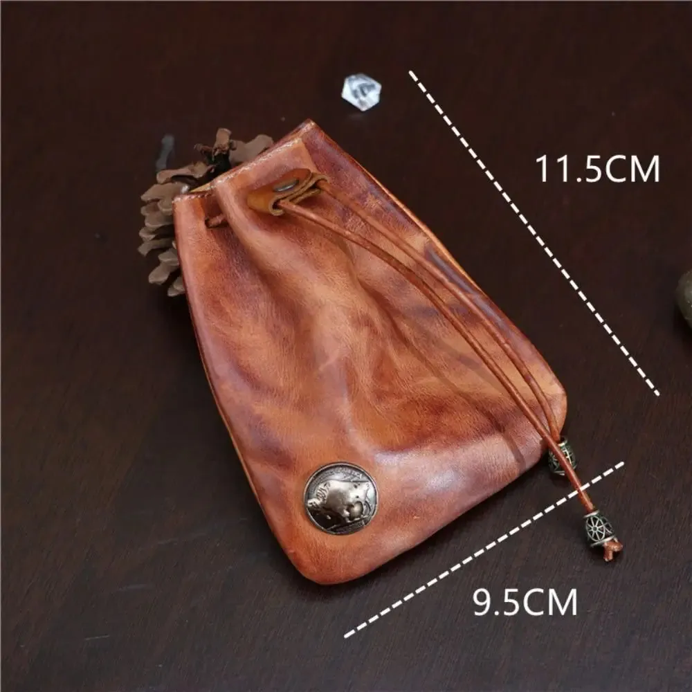 Retro Genuine Leather Bag Coin Purse Drawstring Key Wallets Fashion Women Men Housekeeper Card Key Holders