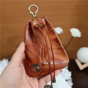 Retro Genuine Leather Bag Coin Purse Drawstring Key Wallets Fashion Women Men Housekeeper Card Key Holders